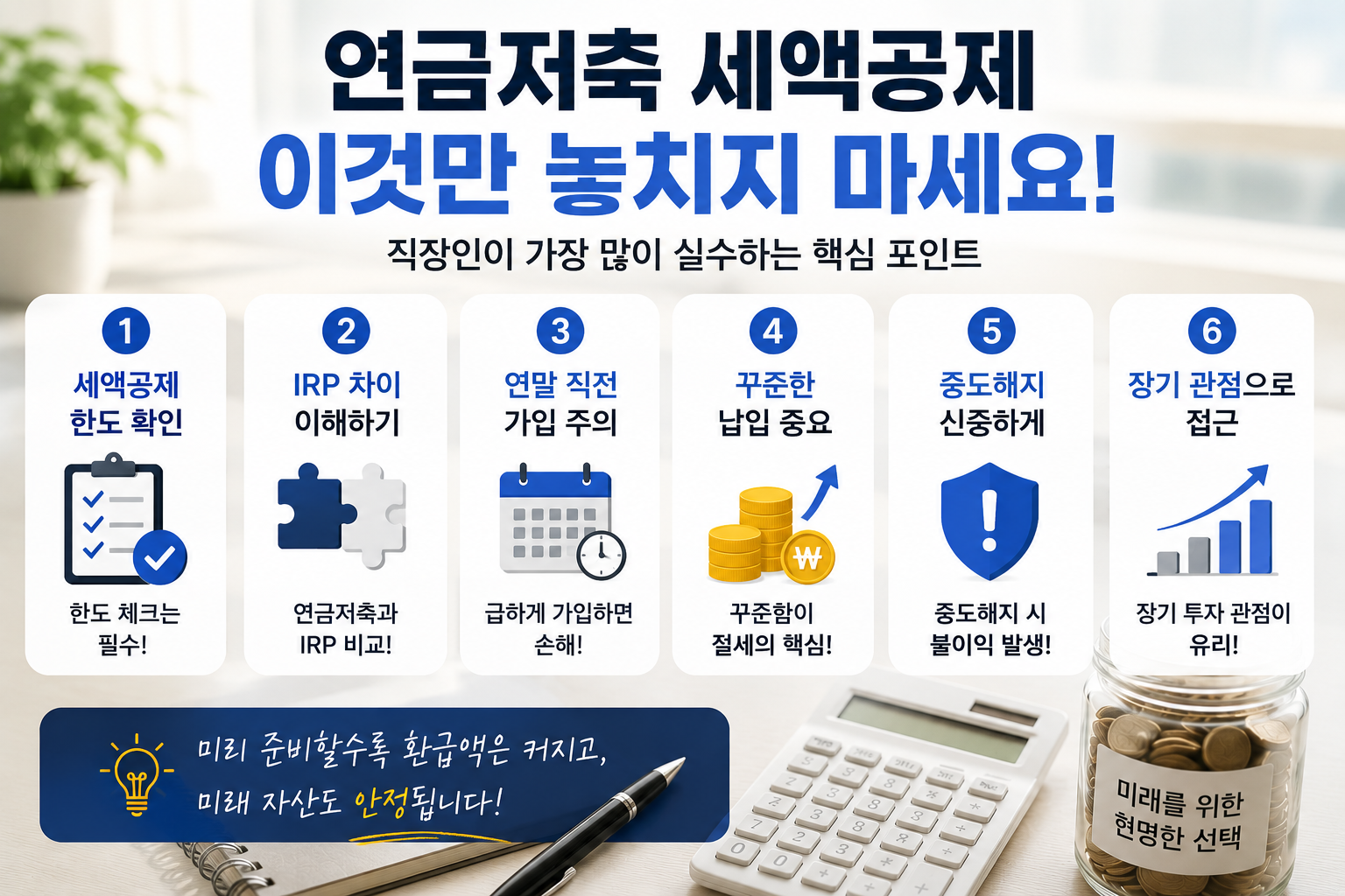 연금저축 세액공제 핵심 실수 포인트를 정리한 현대적인 재테크 인포그래픽 이미지로, 세액공제 한도·IRP 차이·연말정산·절세 전략 키워드를 강조한  디자인
