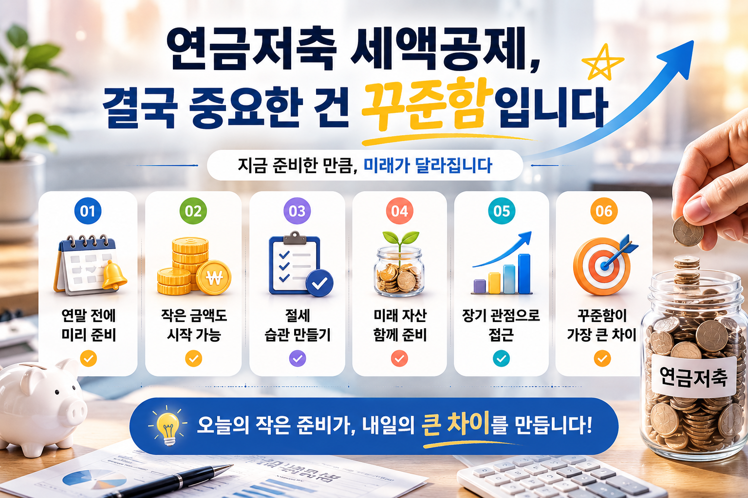 연금저축 세액공제의 중요성과 꾸준한 절세 습관을 강조한 현대적인 재테크 인포그래픽 이미지로, 연말정산 환급·미래 자산·장기 투자 키워드를 중심으로 구성된 디자인