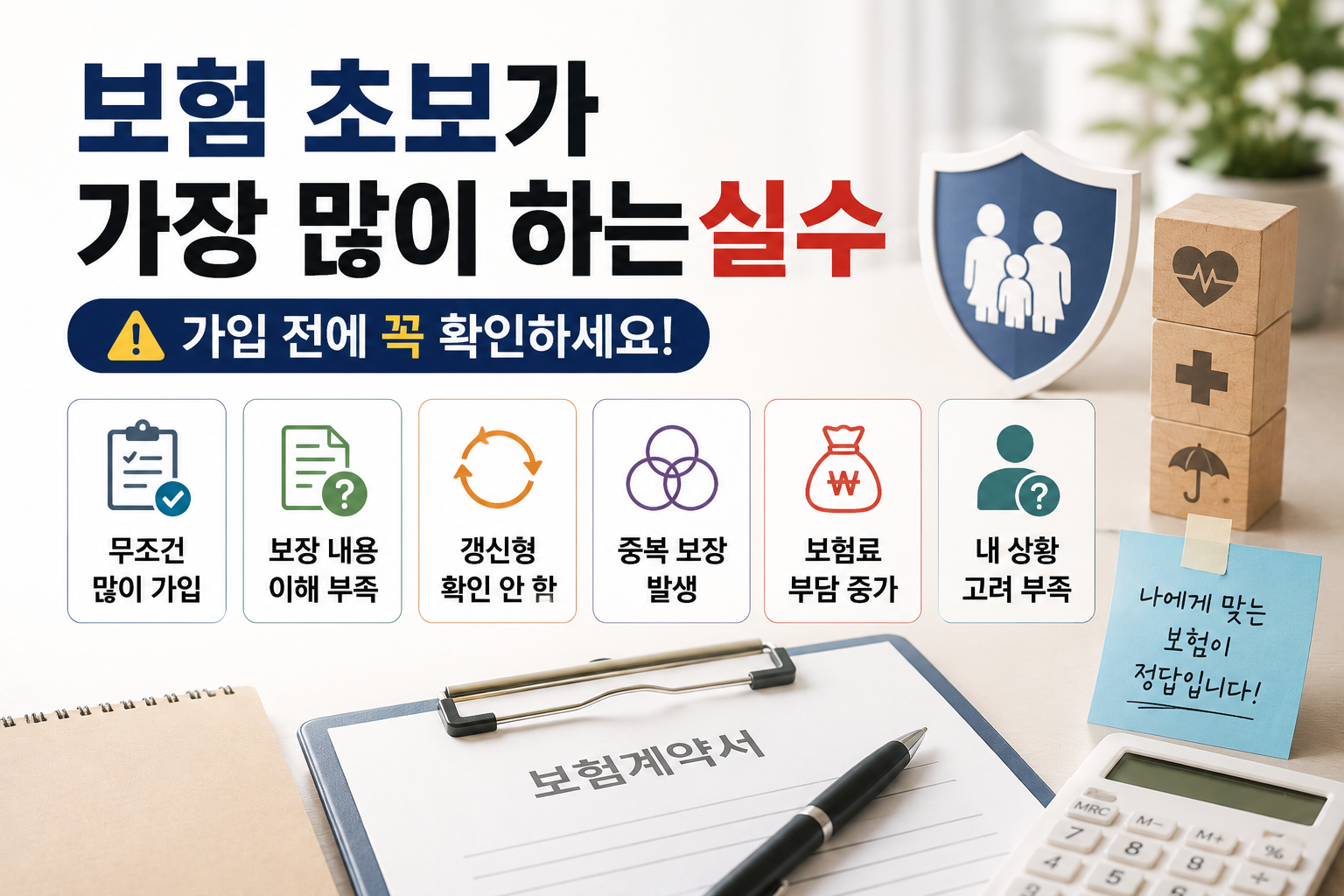 보험 초보자가 가입 전에 꼭 알아야 할 핵심 내용을 설명하는 현대적인 보험 인포그래픽 이미지로, 실손보험·갱신형·보험료 구조·보장 범위 키워드를 강조한 디자인