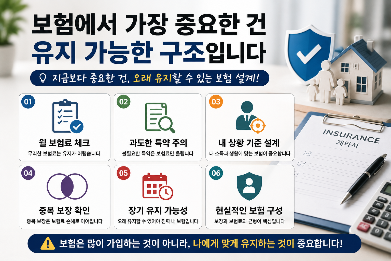 보험 초보자가 장기 유지 가능한 보험 구조를 이해할 수 있도록 구성한 현대적인 보험 인포그래픽 이미지로, 보험료 부담·중복 보장·갱신형 보험·현실적인 설계 키워드를 강조한 디자인