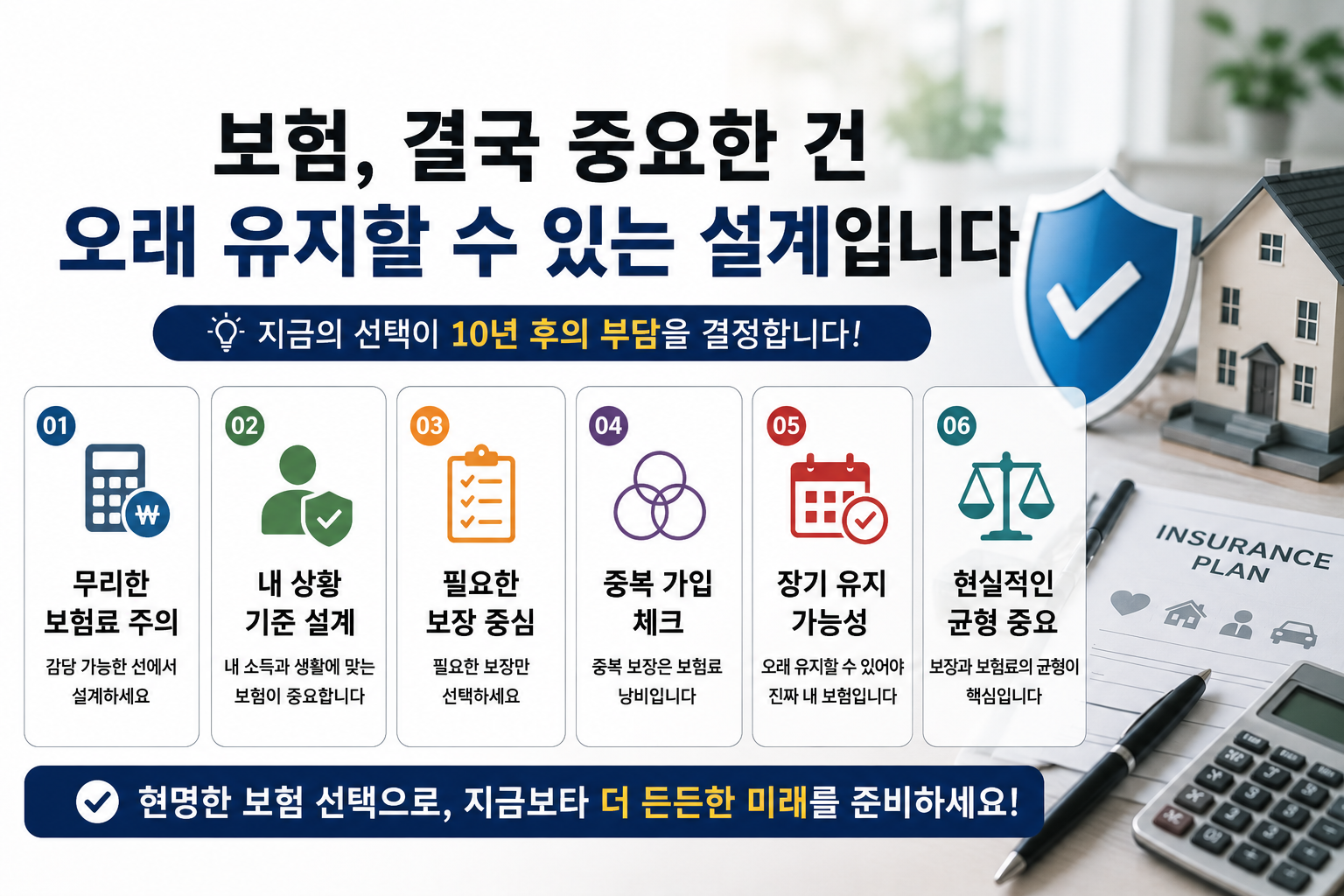 보험의 장기 유지 전략과 현실적인 보험 설계 중요성을 설명하는 현대적인 보험 인포그래픽 이미지로, 보험료 부담·중복 보장·실손보험·장기 유지 를 강조한 디자인