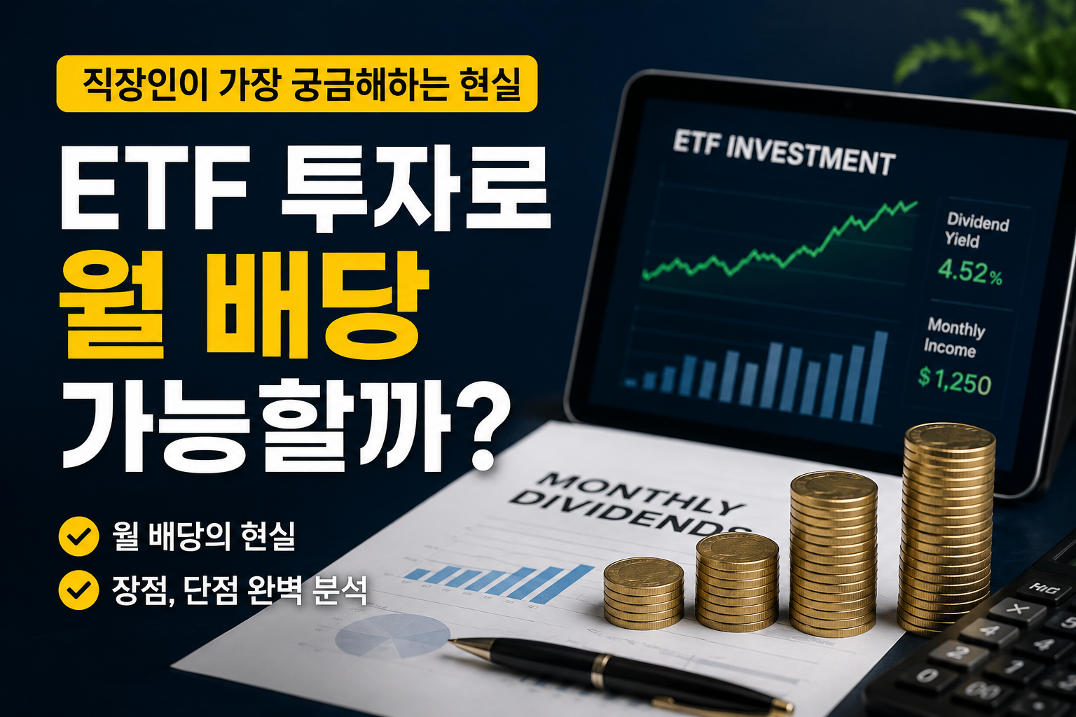 ETF 투자로 월 배당 가능성을 설명하는 현대적인 재테크 썸네일 이미지로, 배당 수익 그래프·현금흐름·월 배당 ETF 키워드를 강조한디자인