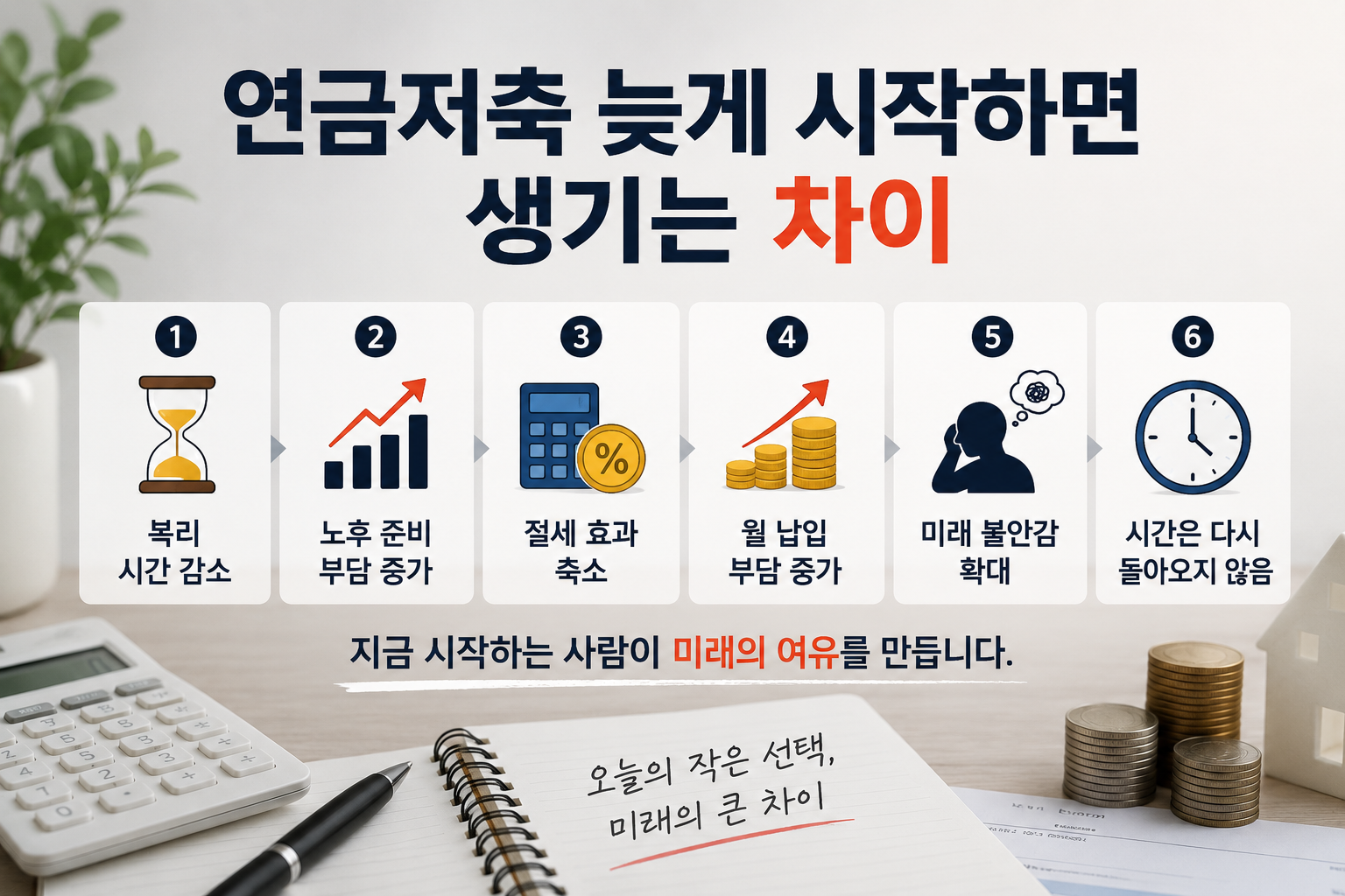 연금저축을 늦게 시작했을 때 생기는 차이를 설명하는 현대적인 재테크 인포그래픽 이미지로, 복리·절세·노후준비·미래자산 키워드가 강조된 워드프레스 홈판용 디자인