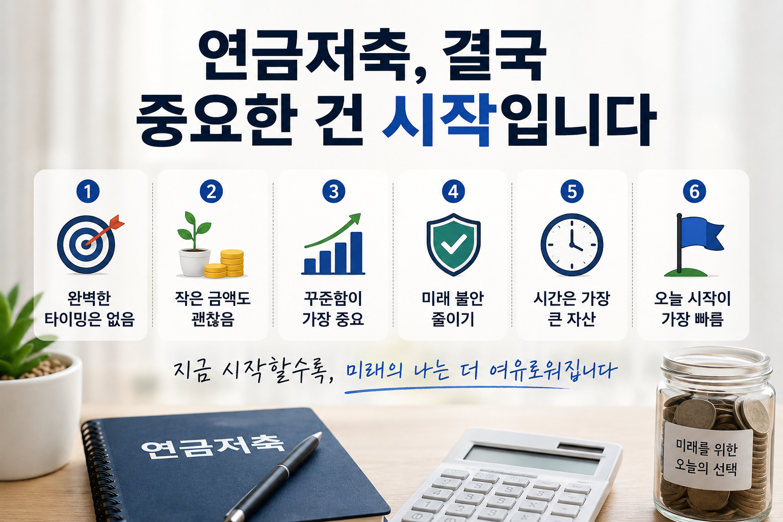 연금저축의 중요성과 장기 투자 핵심 포인트를 정리한 현대적인 재테크 인포그래픽 이미지로, 직장인 노후준비·복리·절세·미래자산 형성을 강조한 워드프레스 홈판용 디자인