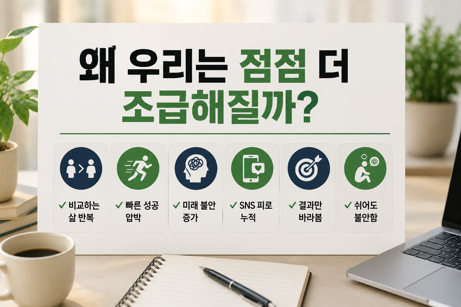 시계와 스마트폰, 노트가 놓인 현대적인 책상 위에 “왜 우리는 점점 더 조급해질까?” 문구가 강조된 자기계발 인포그래픽 이미지. 비교 습관, 미래 불안, SNS 피로 등 조급함의 원인을 정리한 디자인.