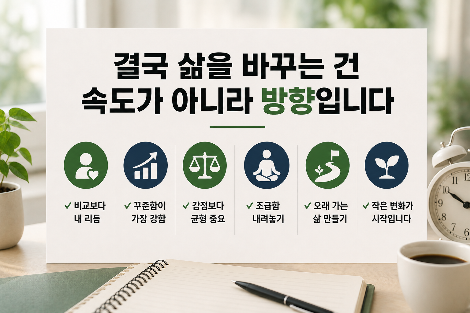 노트와 커피잔, 작은 화분이 놓인 현대적인 책상 위에 “결국 삶을 바꾸는 건 속도가 아니라 방향입니다” 문구가 강조된 자기계발 인포그래픽 이미지. 꾸준함과 삶의 균형, 감정 관리의 중요성을 표현한 디자인.