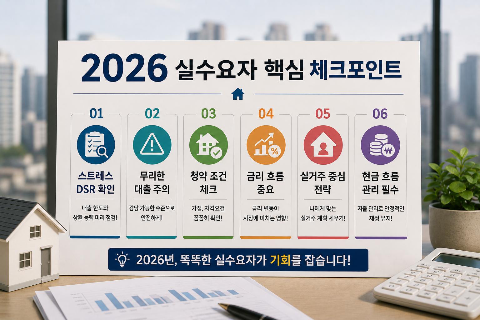 2026 실수요자 핵심 체크포인트를 정리한 부동산 인포그래픽 이미지. 스트레스 DSR 확인, 무리한 대출 주의, 청약 조건 체크, 금리 흐름, 실거주 전략, 현금 흐름 관리 등의 핵심 내용을 현대적인 오피스와 서울 도심 배경으로 표현한 홈판용 실물사진 스타일 디자인.