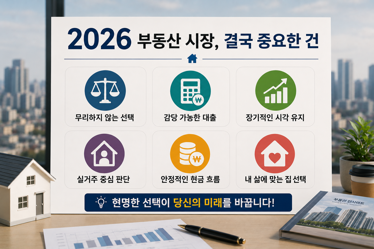 2026 부동산 시장에서 중요한 핵심 원칙을 정리한 결론형 인포그래픽 이미지. 무리하지 않는 선택, 감당 가능한 대출, 장기적인 시각, 실거주 중심 판단, 안정적인 현금 흐름 등의 메시지를 현대적인 서울 아파트 배경과 오피스 분위기로 표현한 스타일 디자인.