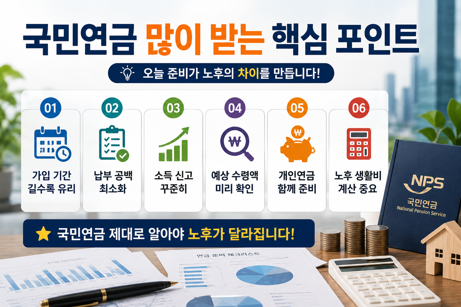 국민연금 많이 받는 핵심 포인트를 정리한 현대적인 연금 인포그래픽 이미지. 가입 기간, 납부 공백, 소득 신고, 예상 수령액, 개인연금, 노후 생활비 등의 핵심 내용을 금융 오피스 분위기와 함께 표현한 디자인.