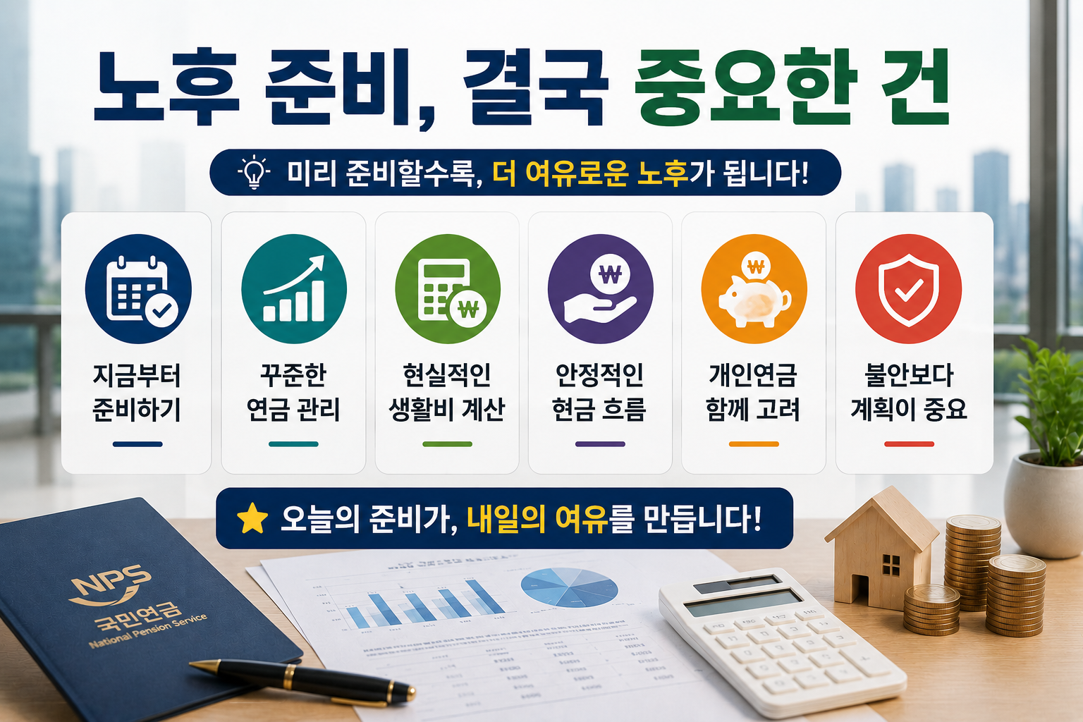 노후 준비에서 중요한 핵심 요소를 정리한 국민연금 결론형 인포그래픽 이미지. 꾸준한 연금 관리, 현실적인 생활비 계산, 안정적인 현금 흐름, 개인연금 준비 등의 내용을 현대적인 금융 오피스와 노후 자산 분위기로 표현한 디자인.