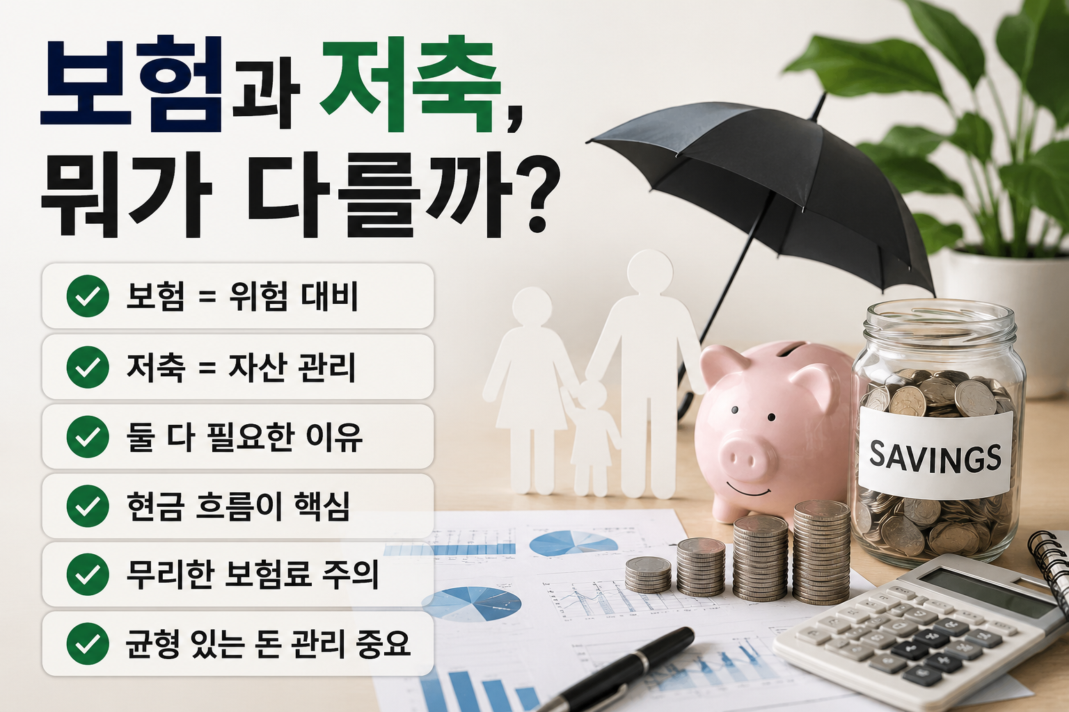 보험과 저축의 차이를 쉽게 설명하는 서론형 금융 인포그래픽 이미지. 보험은 위험 대비, 저축은 자산 관리라는 핵심 개념과 함께 현금 흐름, 보험료 관리, 균형 있는 돈 관리 중요성을 현대적인 금융 오피스 분위기로 표현한 디자인.