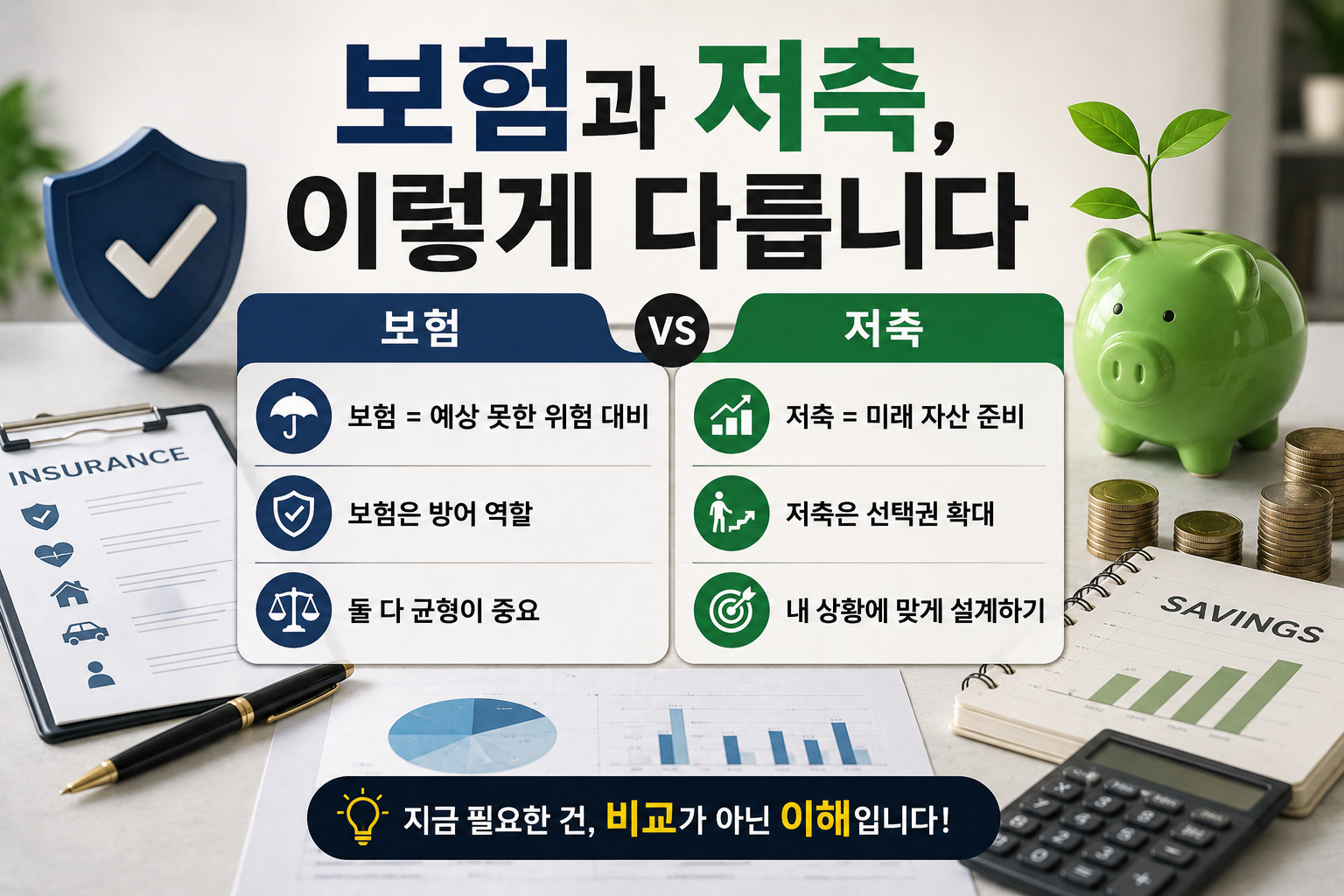 보험과 저축의 차이를 비교 설명하는 현대적인 금융 인포그래픽 이미지. 보험은 예상 못한 위험 대비, 저축은 미래 자산 준비라는 핵심 메시지와 함께 방어 역할, 선택권 확대, 균형 있는 돈 관리 중요성을 금융 소품과 함께 표현한 디자인.