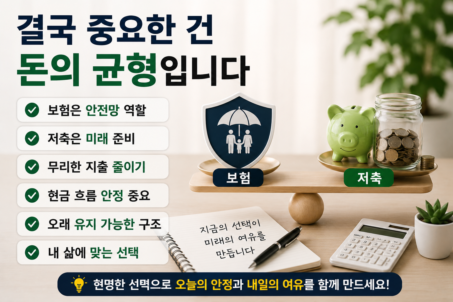보험과 저축의 균형 있는 재무 관리를 강조하는 결론형 금융 인포그래픽 이미지. 보험은 안전망 역할, 저축은 미래 준비라는 핵심 메시지와 함께 현금 흐름 안정, 오래 유지 가능한 재무 구조를 현대적인 금융 오피스 분위기로 표현한 디자인.