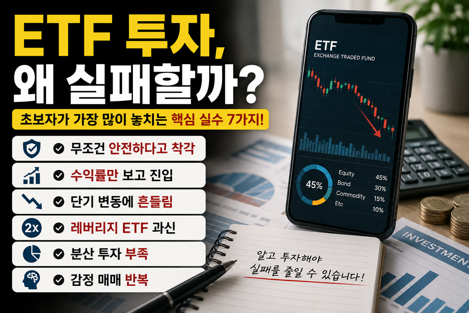 ETF 투자 실패 원인을 설명하는 서론형 금융 인포그래픽 이미지. 무조건 안전하다는 착각, 수익률만 보고 투자, 단기 변동 불안, 레버리지 ETF 과신, 분산 투자 부족, 감정 매매 반복 등의 핵심 실수를 현대적인 투자 오피스 분위기로 표현한 디자인.