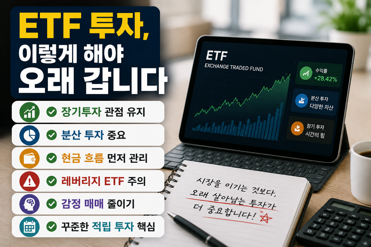 ETF 장기투자 전략과 안정적인 투자 습관을 설명하는 현대적인 금융 인포그래픽 이미지. 장기투자, 분산 투자, 현금 흐름 관리, 레버리지 ETF 주의, 감정 매매 감소, 꾸준한 적립 투자 등의 핵심 내용을 투자 차트와 금융 소품 배경으로 표현한 디자인.