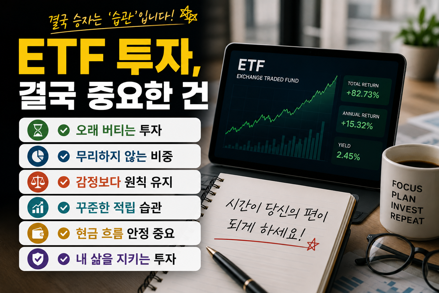 ETF 투자에서 가장 중요한 장기 투자 원칙을 정리한 결론형 금융 인포그래픽 이미지. 오래 버티는 투자, 감정 대신 원칙 유지, 꾸준한 적립 습관, 안정적인 현금 흐름 등의 핵심 메시지를 현대적인 투자 오피스 분위기와 금융 차트 배경으로 표현한 디자인.