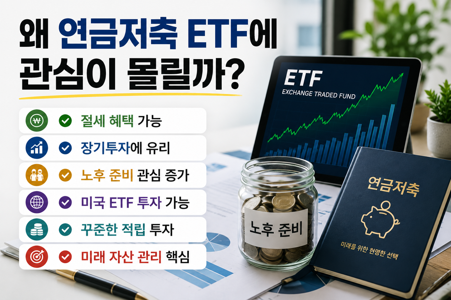 연금저축 ETF 관심 증가 이유를 설명하는 서론형 금융 인포그래픽 이미지. 절세 혜택, 장기투자, 노후 준비, 미국 ETF 투자, 적립식 투자 전략 등을 현대적인 금융 오피스 분위기와 ETF 차트 배경으로 표현한 디자인.