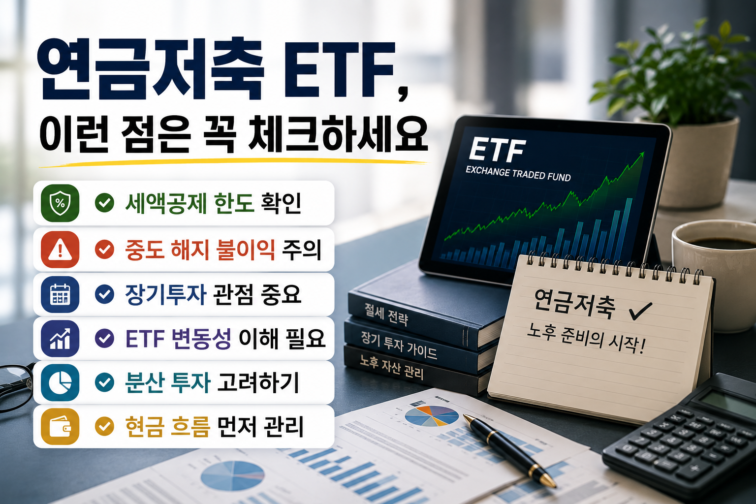 연금저축 ETF 투자 시 꼭 체크해야 할 핵심 포인트를 설명하는 현대적인 금융 인포그래픽 이미지. 세액공제 한도, 중도 해지 불이익, ETF 변동성, 장기투자, 분산 투자, 현금 흐름 관리 등의 내용을 금융 차트와 연금저축 소품 배경으로 표현한 디자인.
