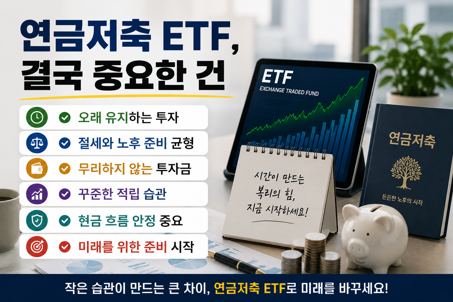 연금저축 ETF 장기투자와 노후 준비 중요성을 강조하는 결론형 금융 인포그래픽 이미지. 절세와 노후 준비 균형, 꾸준한 적립 투자, 안정적인 현금 흐름, 미래 자산 관리 핵심 메시지를 현대적인 금융 오피스 분위기로 표현한 디자인.