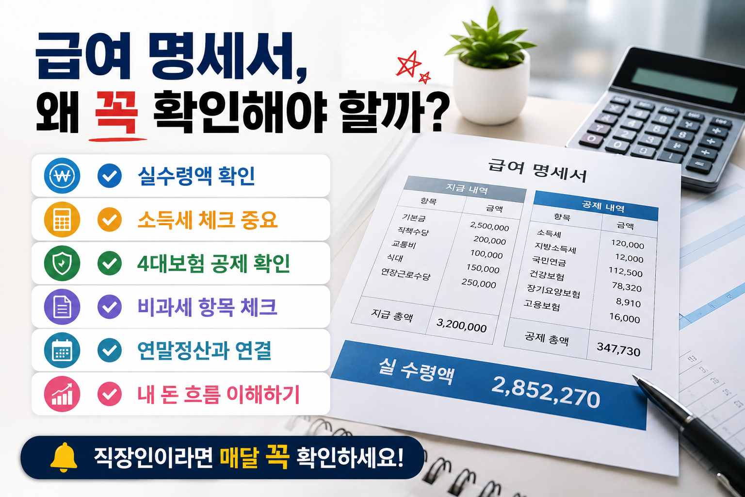 급여 명세서를 왜 확인해야 하는지 설명하는 서론형 금융 인포그래픽 이미지. 실수령액, 소득세, 4대보험, 비과세 항목, 연말정산 체크 포인트 등을 현대적인 오피스 분위기와 급여 명세서 배경으로 표현한 디자인.