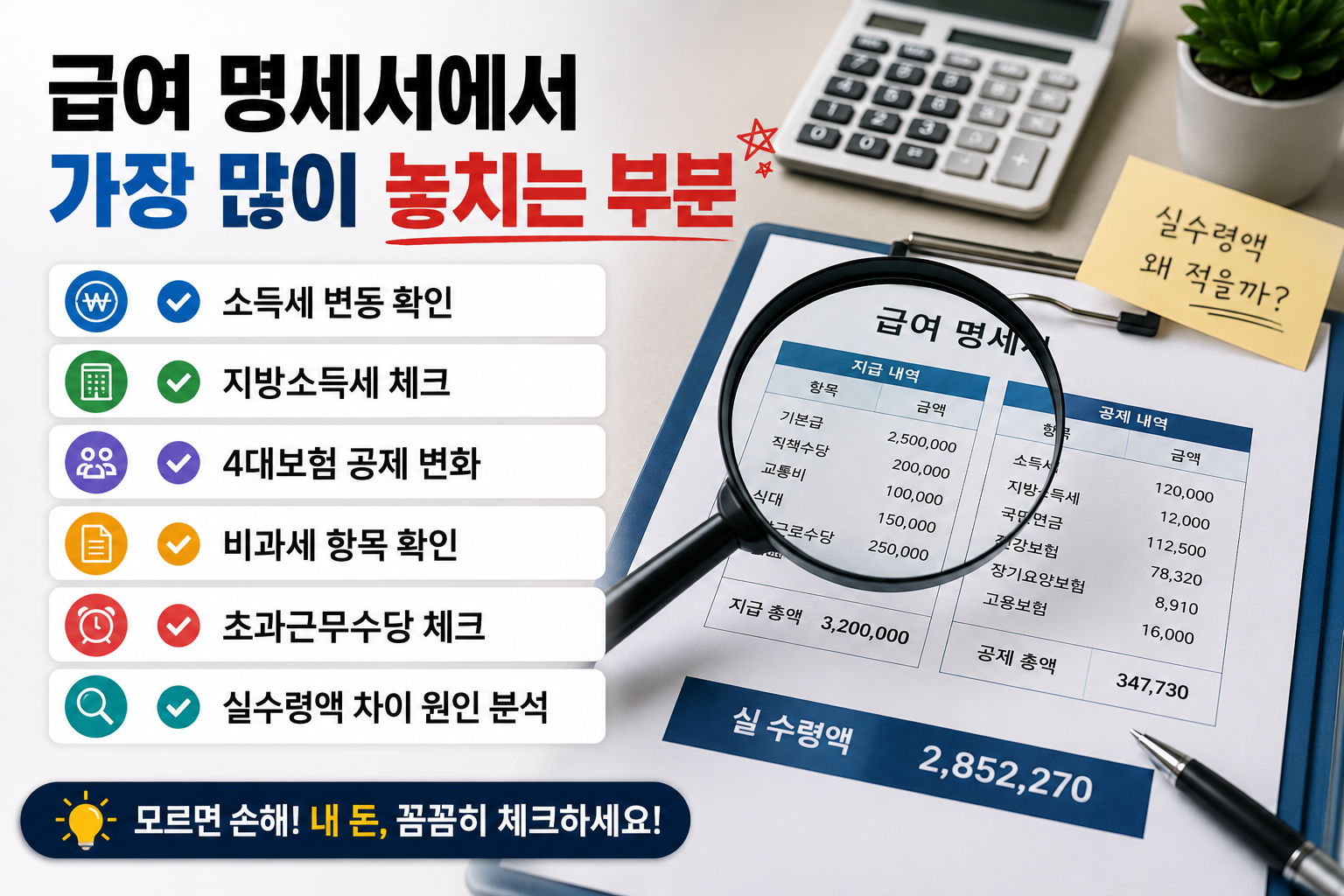 급여 명세서에서 자주 놓치는 세금·공제 항목을 설명하는 현대적인 금융 인포그래픽 이미지. 소득세 변동, 지방소득세, 4대보험 변화, 비과세 항목, 초과근무수당, 실수령액 차이 등을 급여 명세서와 계산기 배경으로 표현한 디자인.