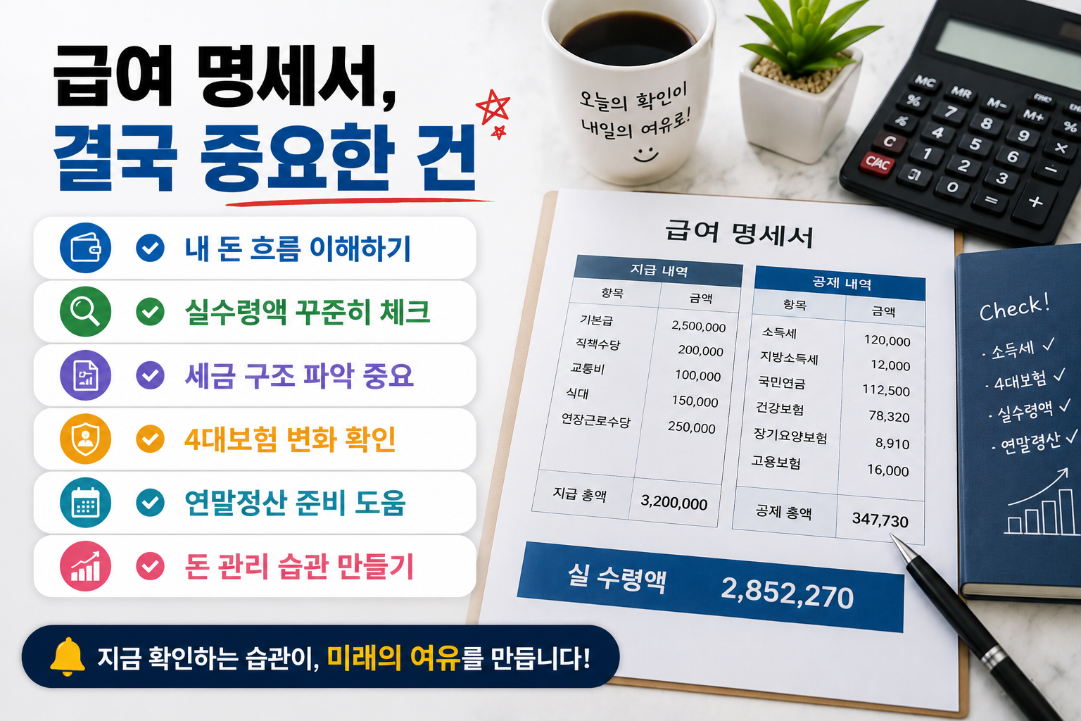 급여 명세서 확인 습관과 돈 관리 중요성을 강조하는 결론형 금융 인포그래픽 이미지. 실수령액 확인, 세금 구조 이해, 4대보험 변화 체크, 연말정산 준비 등의 핵심 내용을 급여 명세서와 계산기 배경으로 표현한 디자인.