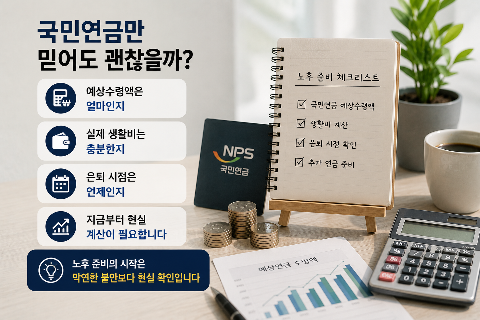 국민연금 예상수령액과 노후 준비 현실 점검을 강조한 현대적인 실사형 인포그래픽 이미지. 계산기, 국민연금 카드, 노후 준비 체크리스트 노트, 동전이 배치된 따뜻한 분위기의 책상 공간으로 현실적인 은퇴 준비 감성을 표현한 디자인.