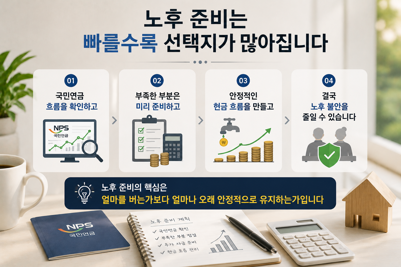 국민연금과 노후 준비의 중요성을 강조한 현대적인 실사형 인포그래픽 이미지. 국민연금 확인, 추가 연금 준비, 안정적인 현금 흐름 관리 과정을 아이콘과 함께 시각적으로 표현한 은퇴 준비 테마 디자인.