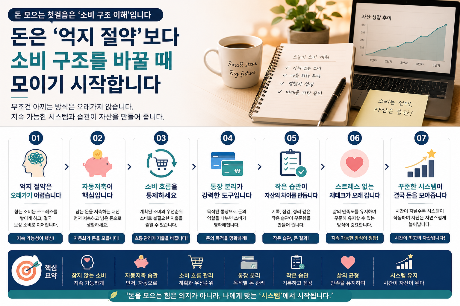 소비 구조 관리와 자동저축 시스템을 주제로 한 현대적인 재테크 인포그래픽 이미지로, 통장 분리·소비 통제·자산 성장 습관을 시각적으로 정리한 워드프레스 금융 콘텐츠 디자인