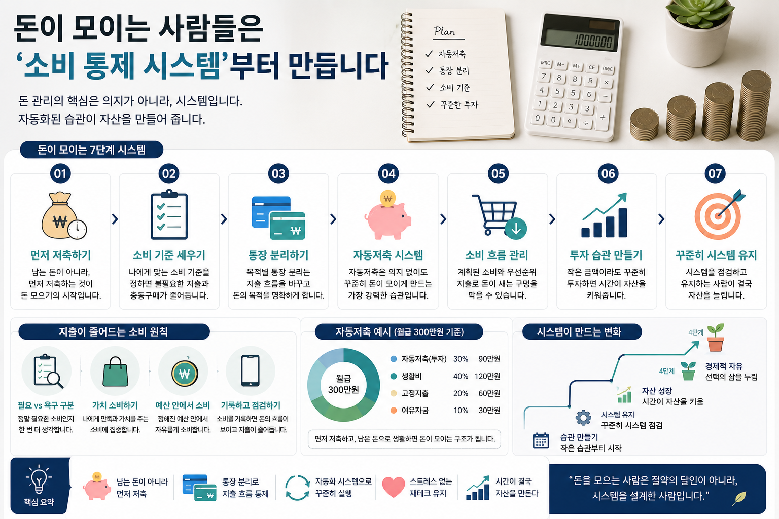 자동저축, 통장 분리, 소비 통제 시스템 등 돈이 모이는 핵심 재테크 습관을 현대적인 금융 스타일로 정리한 인포그래픽 이미지