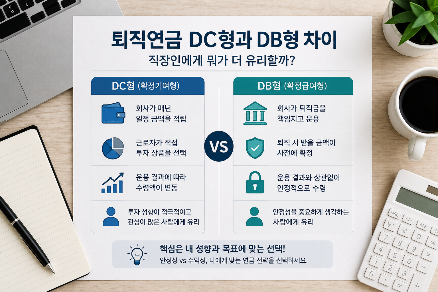 퇴직연금 DC형과 DB형 차이를 현대적인 금융 스타일로 설명하는 인포그래픽 이미지로, 연금 투자 차트와 오피스 책상, 노트북, 계산기, 연금 서류가 함께 배치된 워드프레스 재테크 콘텐츠 디자인