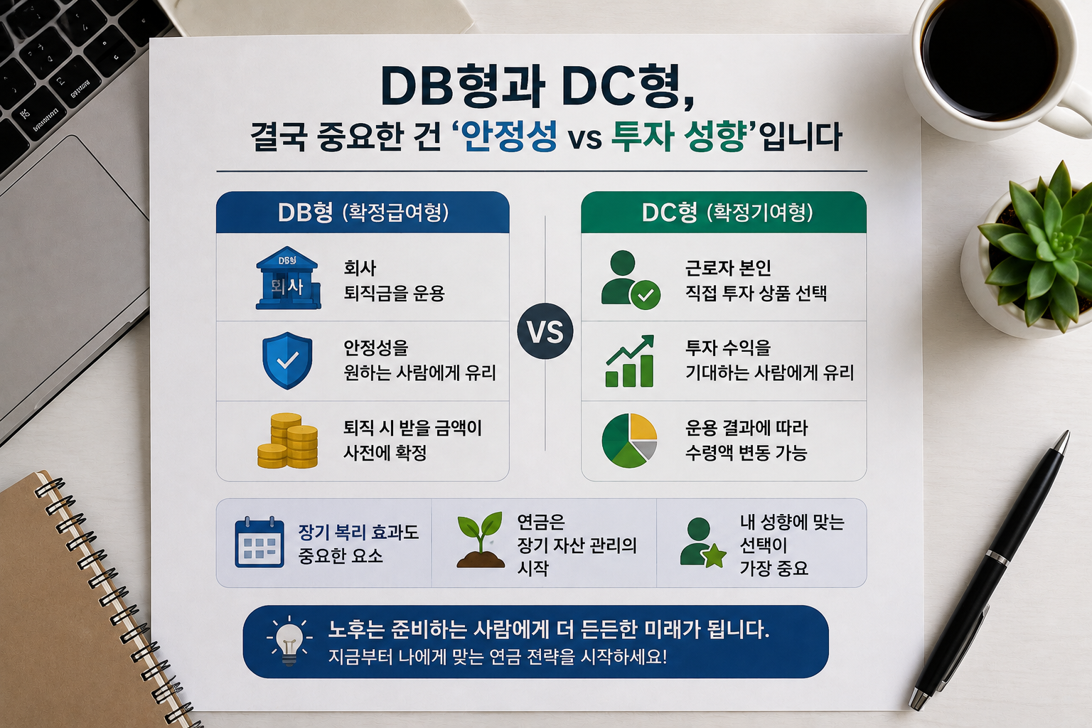 퇴직연금 DB형과 DC형의 차이, 안정성과 투자 성향 비교를 현대적인 금융 스타일로 정리한 인포그래픽 이미지로, 연금 차트·노트북·오피스 책상·재무 서류가 함께 구성된 재테크 콘텐츠 디자인