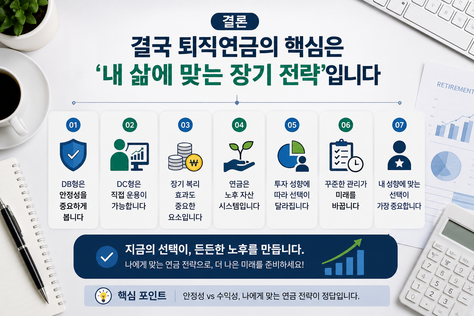 퇴직연금 DB형과 DC형의 장기 전략과 노후 자산 관리를 현대적인 금융 스타일로 표현한 인포그래픽 이미지로, 연금 차트·오피스 책상·노트북·재무 플랜 요소가 함께 구성된 재테크 콘텐츠 디자인