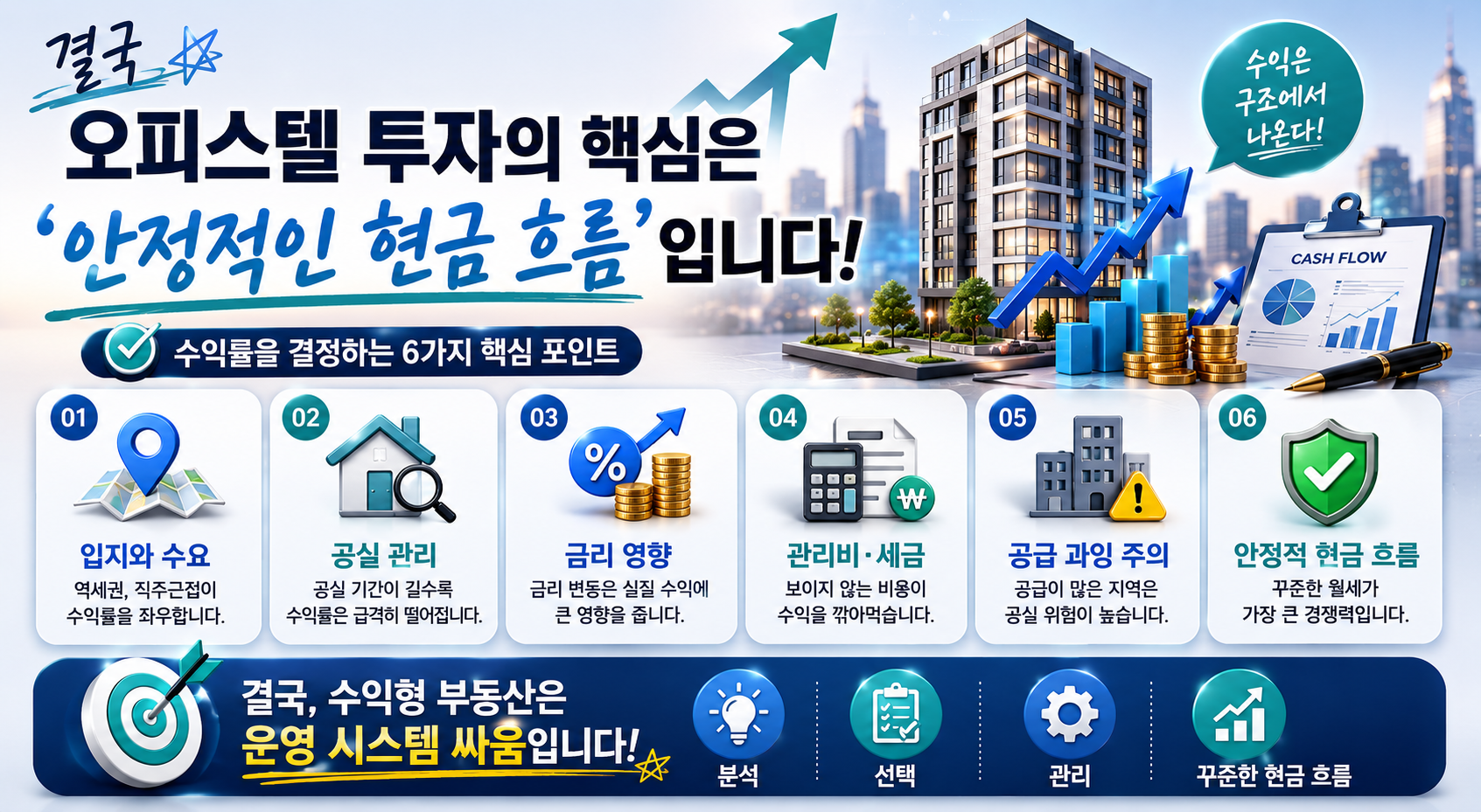 오피스텔 투자에서 안정적인 현금 흐름의 중요성을 현대적인 부동산 투자 스타일로 표현한 인포그래픽 이미지로, 도시 배경의 오피스텔 건물과 수익률 그래프, 금융 데이터 요소가 함께 구성된 재테크 콘텐츠 디자인