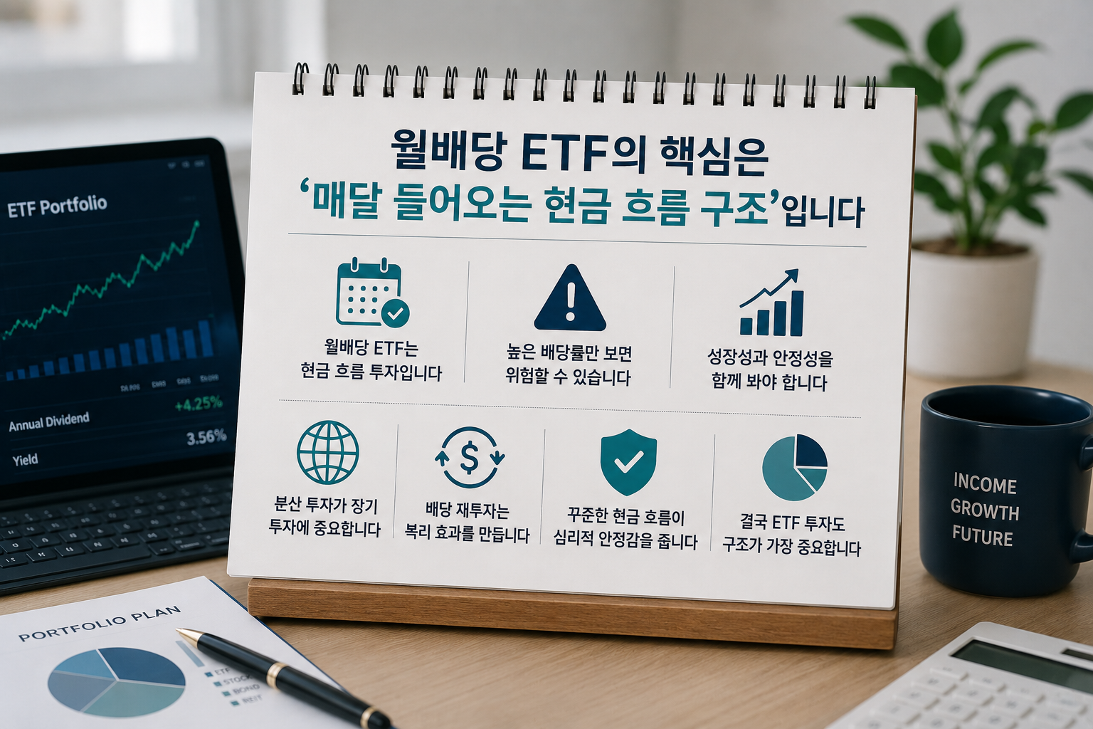 월배당 ETF의 현금 흐름 구조와 장기 투자 전략을 현대적인 금융 스타일로 표현한 인포그래픽 이미지로, ETF 수익률 그래프가 보이는 노트북과 포트폴리오 자료, 커피잔, 투자 메모가 함께 배치된 재테크 콘텐츠 디자인