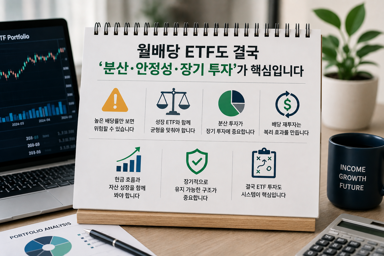 월배당 ETF 포트폴리오의 분산 투자와 장기 현금 흐름 전략을 현대적인 금융 스타일로 표현한 인포그래픽 이미지로, ETF 수익률 차트와 투자 노트, 노트북, 커피잔이 함께 배치된 재테크 콘텐츠 디자인