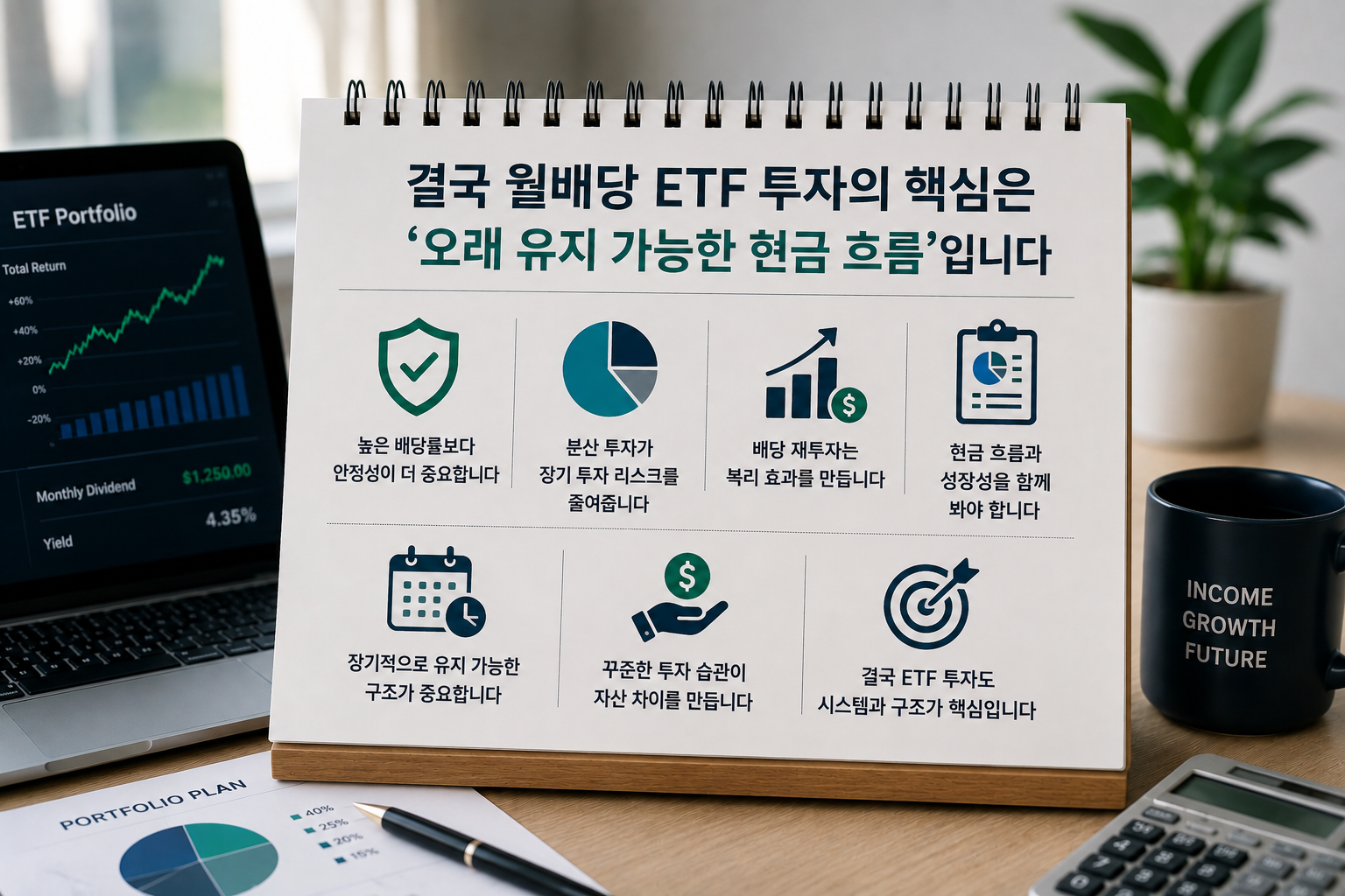 월배당 ETF 투자에서 안정적인 현금 흐름과 장기 자산 성장을 현대적인 금융 스타일로 표현한 인포그래픽 이미지로, ETF 수익률 그래프가 보이는 노트북과 포트폴리오 차트, 투자 메모, 커피잔이 함께 배치된 재테크 콘텐츠 디자인