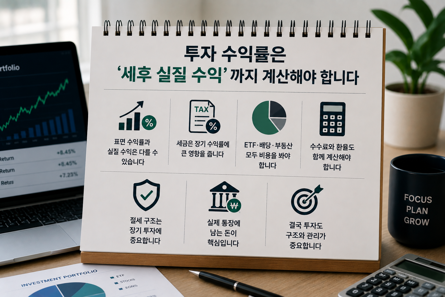 세금까지 고려한 투자 수익률 계산법을 현대적인 금융 스타일로 표현한 인포그래픽 이미지로, 수익률 차트가 보이는 노트북과 계산기, 투자 메모, 포트폴리오 자료가 함께 배치된 재테크 콘텐츠 디자인
