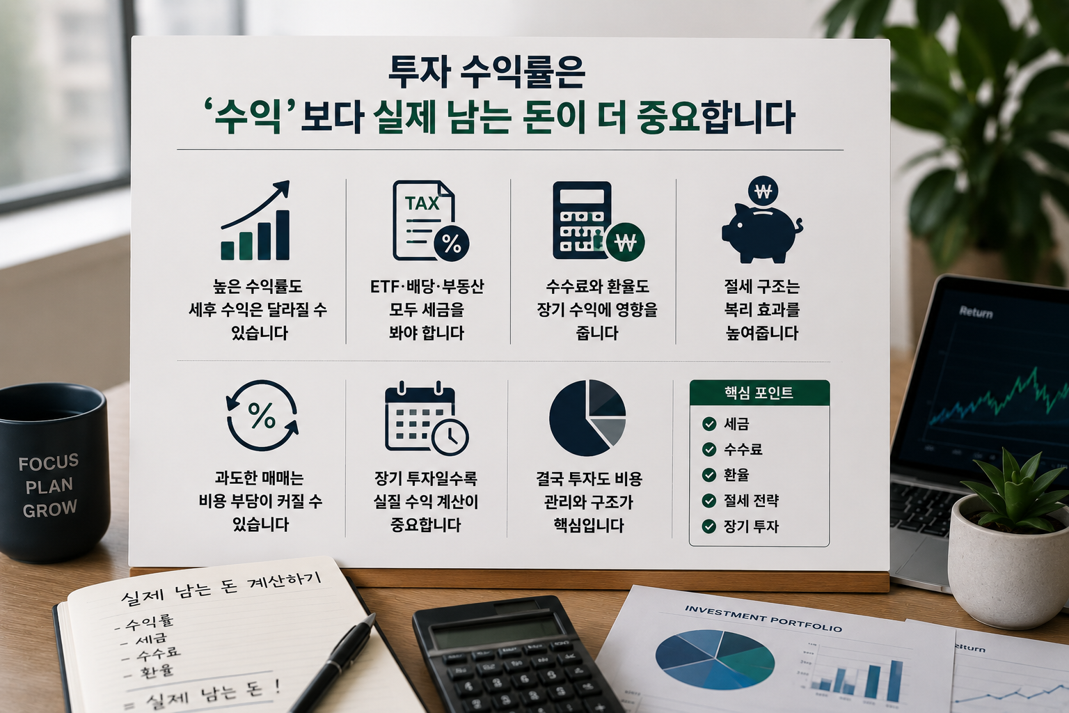 세후 투자 수익률과 실제 남는 돈의 중요성을 현대적인 금융 스타일로 표현한 인포그래픽 이미지로, 수익률 그래프가 표시된 노트북과 계산기, 투자 메모, 포트폴리오 차트가 함께 배치된 재테크 콘텐츠 디자인