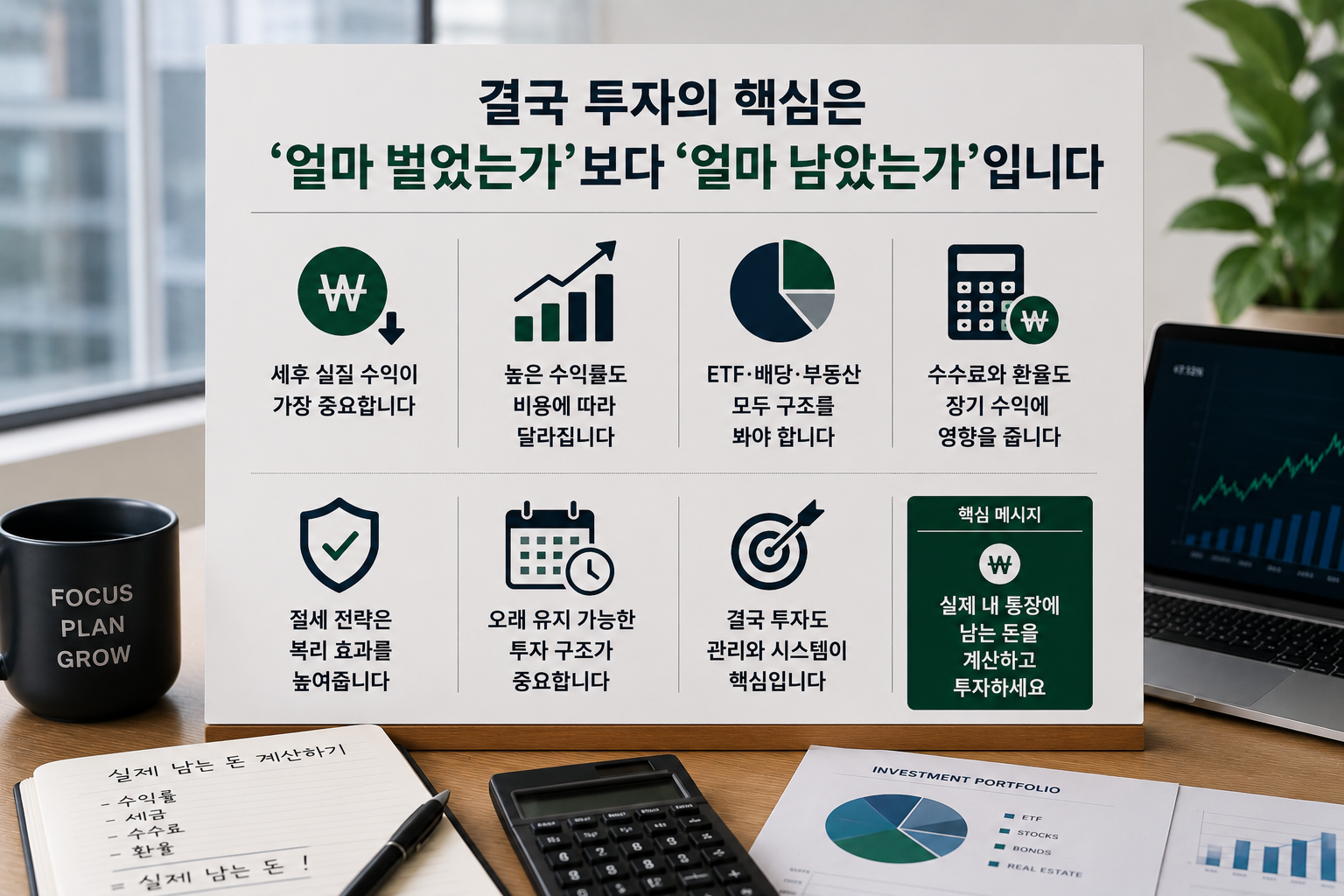 세후 투자 수익과 장기 자산 관리의 중요성을 현대적인 금융 스타일로 표현한 인포그래픽 이미지로, 투자 수익률 그래프가 보이는 노트북과 계산기, 포트폴리오 차트, 투자 메모가 함께 배치된 재테크 콘텐츠 디자인
