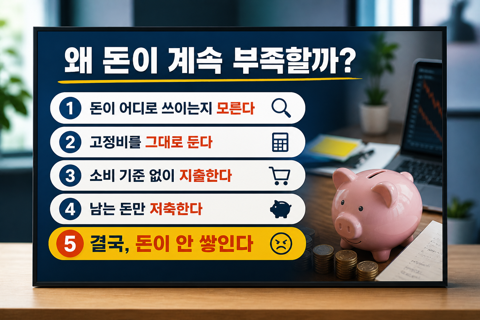 돼지 저금통과 동전, 노트북이 놓인 현대적인 재테크 환경에서 ‘왜 돈이 계속 부족할까?’라는 제목과 함께 지출 파악 부족, 고정비 유지, 소비 기준 없음, 남는 돈만 저축 등 5가지 원인이 단계적으로 정리된 인포그래픽 이미지