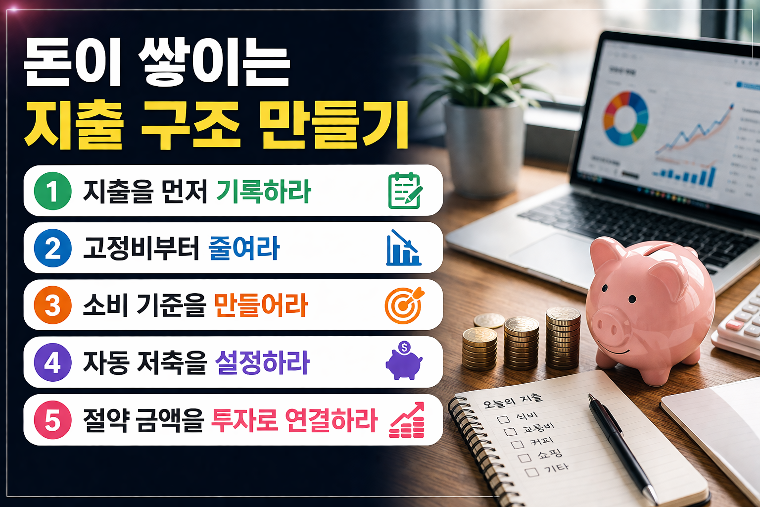 노트북 금융 차트와 가계부, 돼지 저금통과 동전이 놓인 현대적인 재테크 환경에서 ‘돈이 쌓이는 핵심 구조’라는 제목과 함께 지출 흐름 파악, 고정비 절감, 소비 기준 설정, 자동 저축, 투자 연결 등 5가지 실행 전략이 단계적으로 정리된 인포그래픽 이미지