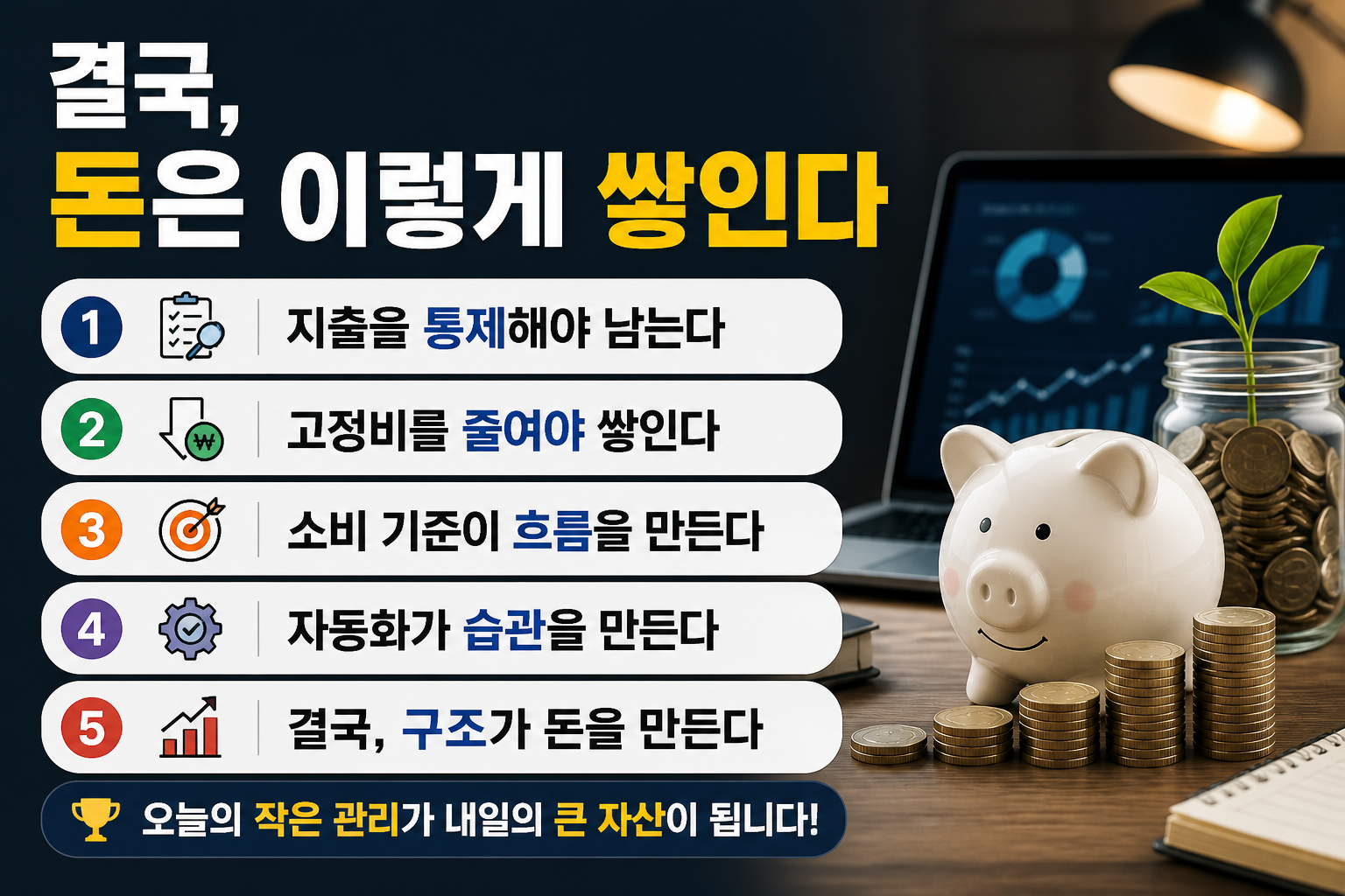 돼지 저금통과 쌓여 있는 동전, 노트북 금융 차트와 새싹이 자라는 유리병이 보이는 현대적인 재테크 환경에서 ‘결국, 돈은 이렇게 쌓인다’라는 제목과 함께 지출 통제, 고정비 절감, 소비 기준, 자동화, 구조 설계 등 5가지 핵심 전략이 정리된 결론 인포그래픽 이미지