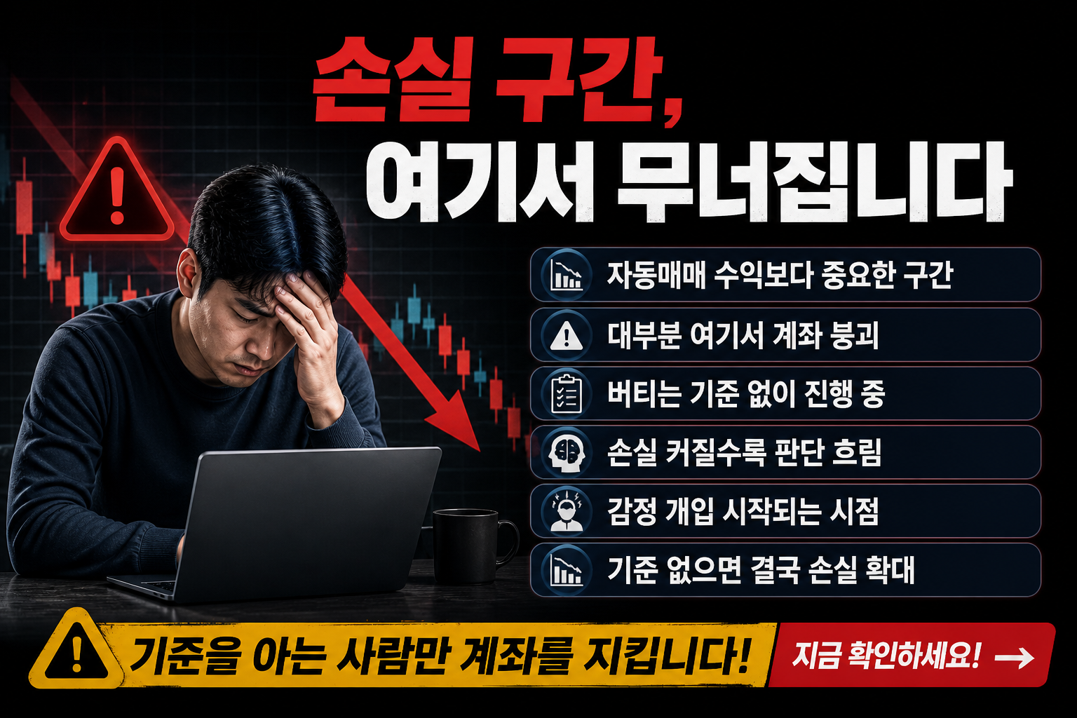 어두운 배경에서 노트북을 보며 고민하는 남성이 등장하고 ‘손실 구간, 여기서 무너집니다’, ‘자동매매 최대 리스크 구간’, ‘기준 없이 버티면 손실 확대’ 문구가 강조된 현대적인 홈판용 서론 인포그래픽 이미지