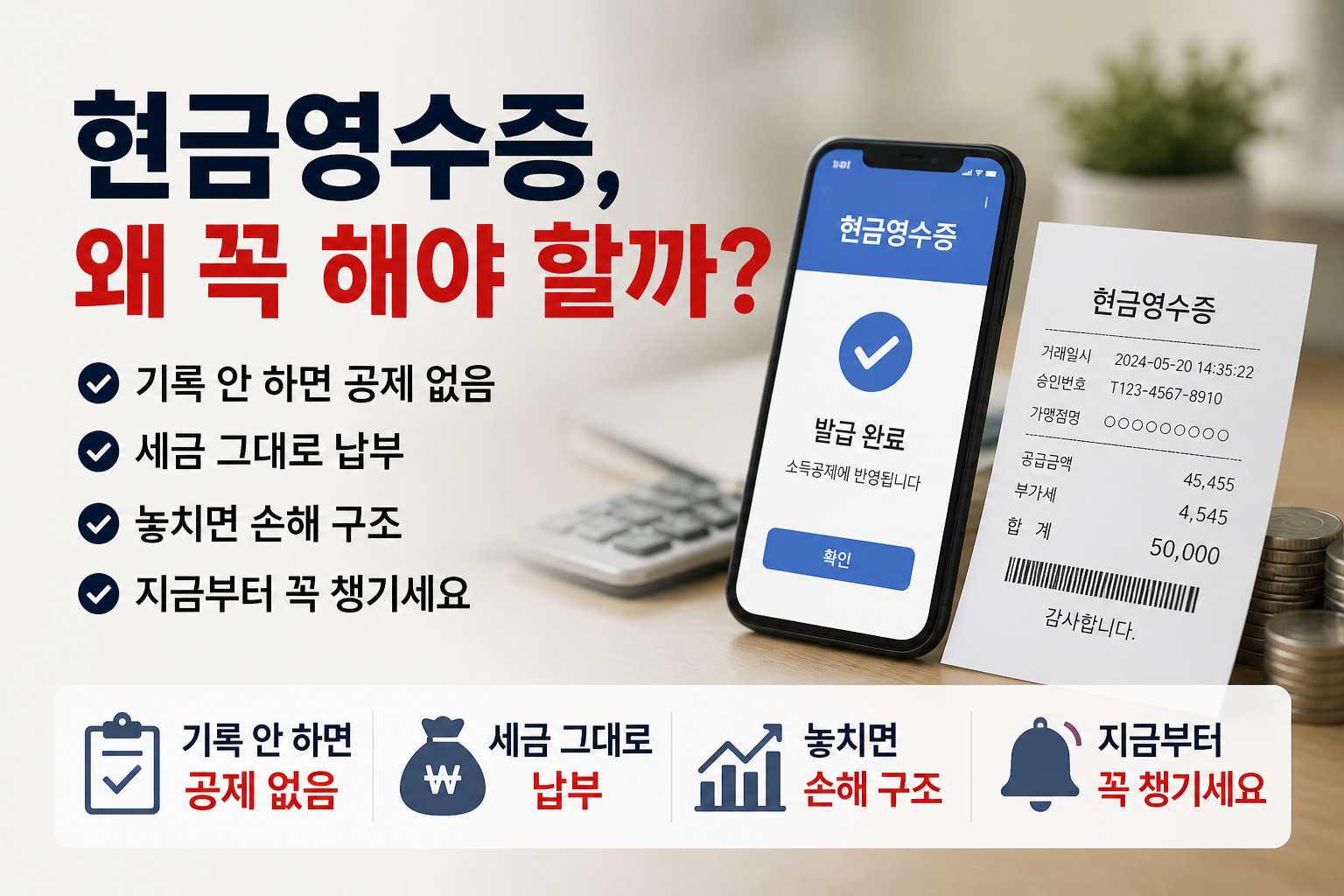 현금영수증의 중요성을 강조하는 인포그래픽 이미지로, 공제 누락과 세금 증가 위험을 설명하며 스마트폰과 영수증을 통해 절세 필요성을 시각적으로 표현한 현대적인 세금 정보 이미지