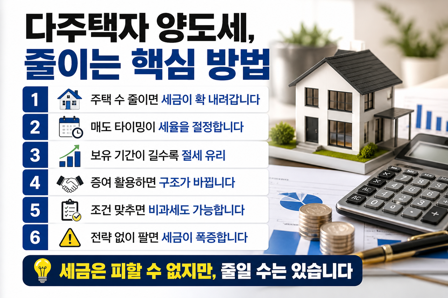 다주택자 양도세 절세 방법을 설명하는 인포그래픽으로 주택 모형과 계산기, 동전이 있는 책상 위에서 주택 수 조정, 매도 타이밍, 보유 기간, 증여 전략, 비과세 조건 등 6가지 절세 핵심이 정리된 이미지