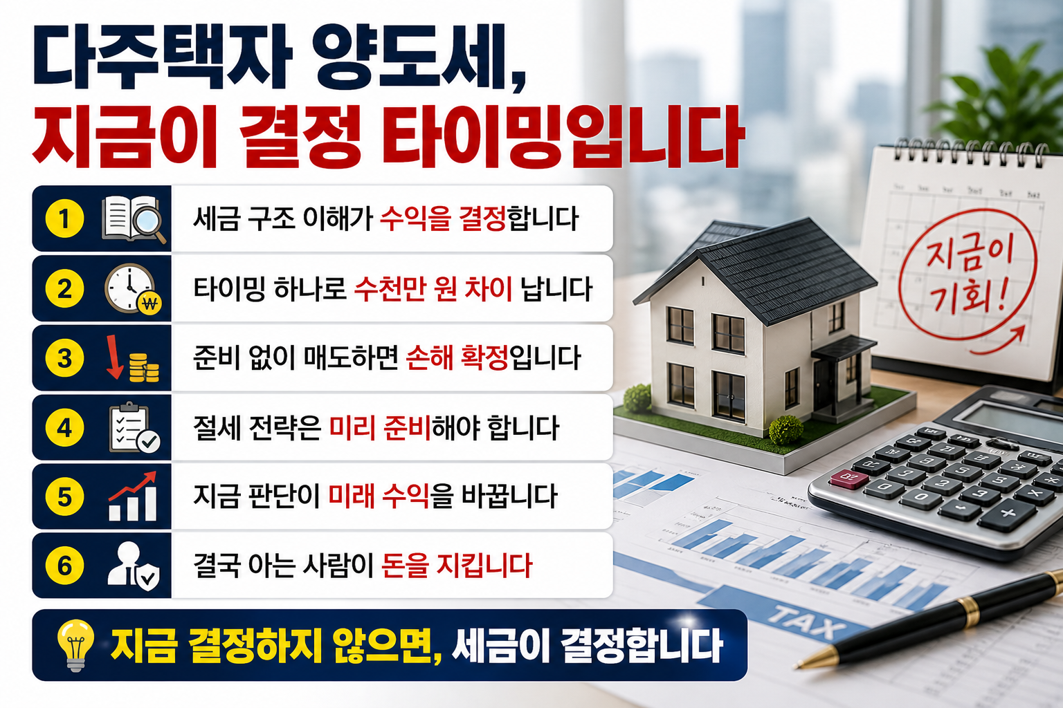다주택자 양도세 결정을 강조하는 인포그래픽으로 주택 모형과 계산기, 서류 위에 세금 전략과 타이밍 중요성을 설명하는 문구와 함께 수익과 절세를 강조한 이미지