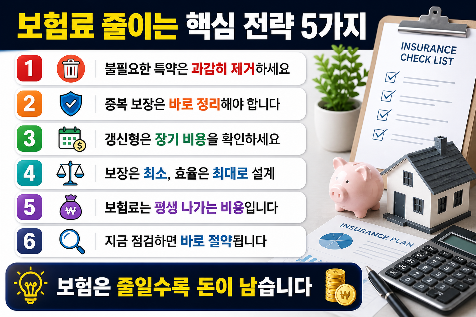 보험료 절약 방법을 설명하는 인포그래픽으로 보험 서류와 계산기, 체크리스트가 있는 책상 위에 불필요한 특약 제거, 중복 보장 정리, 갱신형 확인 등 6가지 핵심 절약 전략이 정리된 이미지