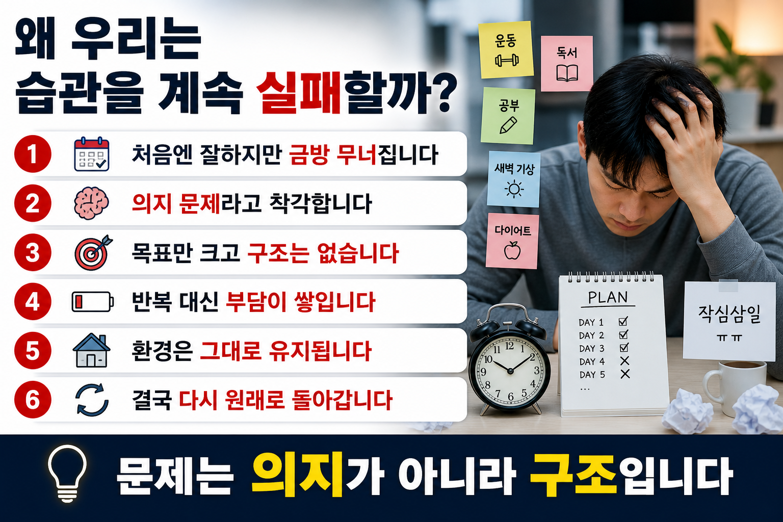 습관 형성 실패 원인을 설명하는 인포그래픽으로 계획표와 알람시계, 메모지가 있는 책상에서 고민하는 남성과 함께 ‘왜 우리는 습관을 계속 실패할까’라는 문구와 6가지 실패 원인이 정리된 이미지