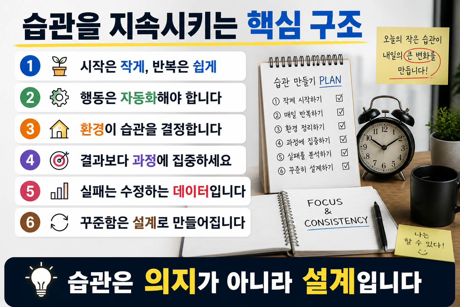 습관을 지속시키는 방법을 설명하는 인포그래픽으로 체크리스트와 메모지, 노트가 있는 책상 위에서 작은 시작, 자동화, 환경 설계 등 6가지 핵심 구조가 정리된 이미지
